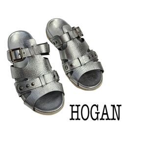 Hogan authentic silver slip on leather metallic silver sandals size 36